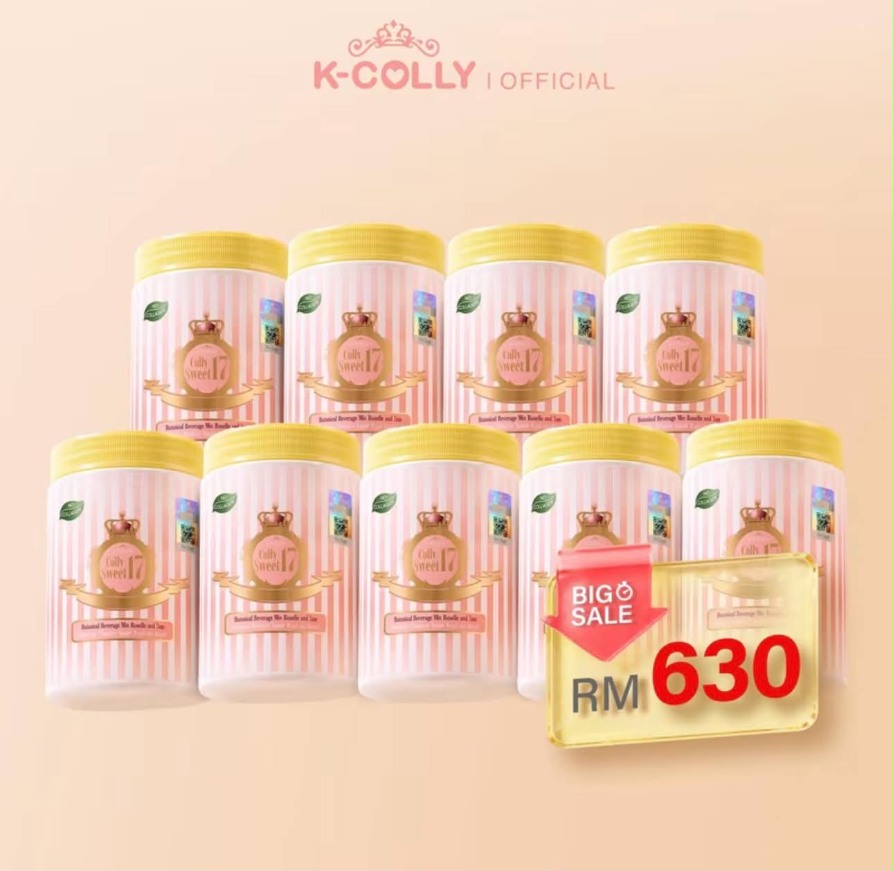 K-COLLY set 9 balang berjalur pink putih dengan penutup kuning, label BIG SALE