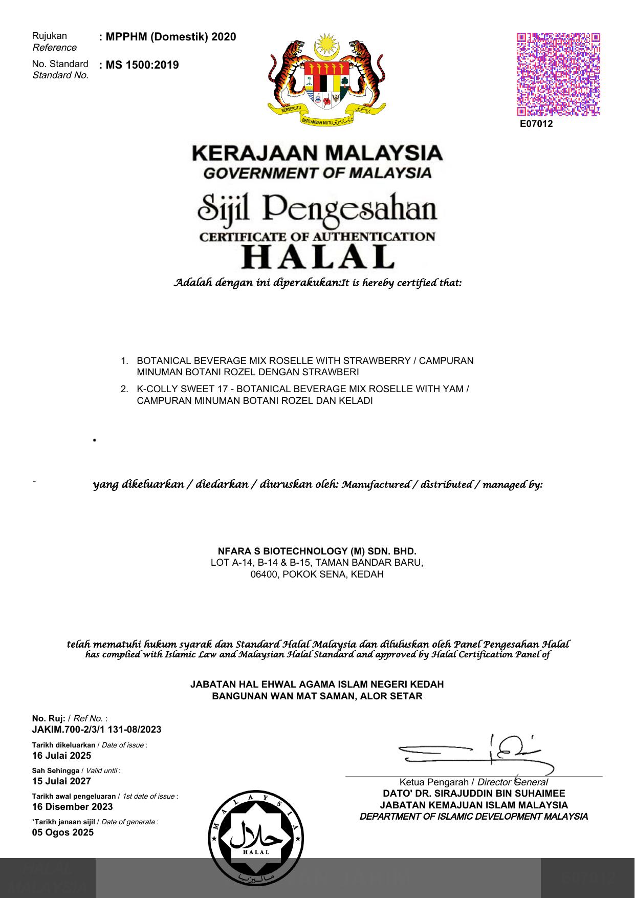 Sijil pengesahan halal JAKIM untuk produk K-COLLY