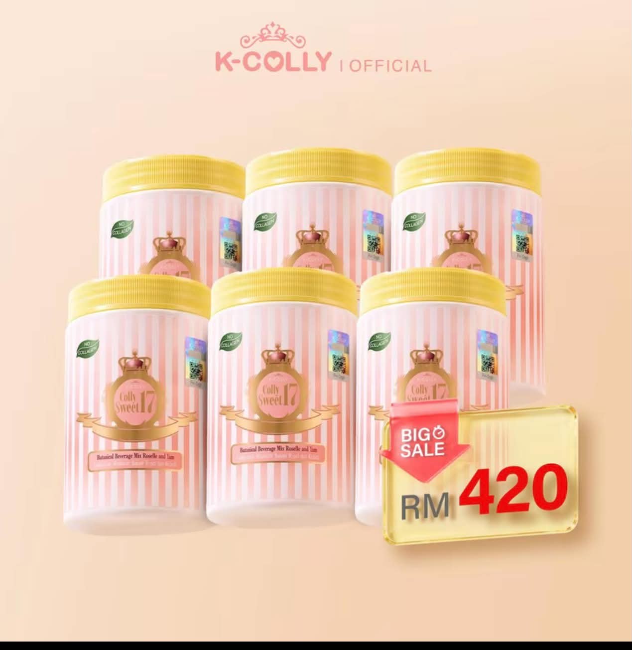 K-COLLY set 6 balang berjalur pink putih dengan penutup kuning, label BIG SALE