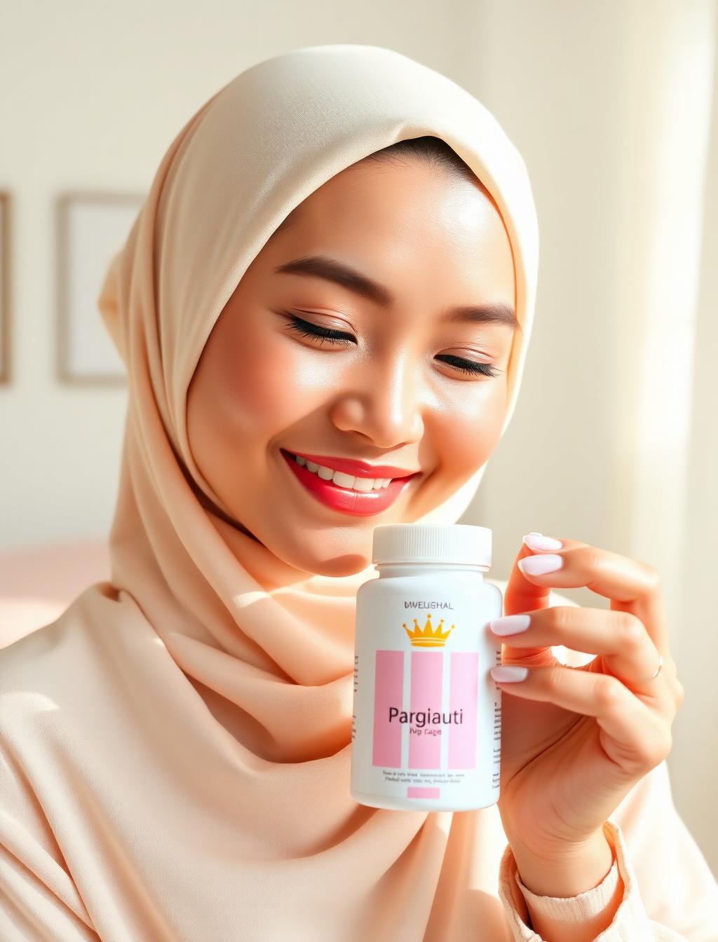 Pelanggan tersenyum memegang balang K-COLLY Rejurans