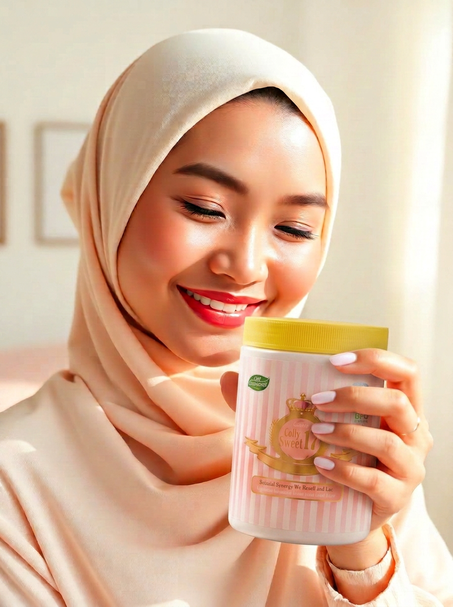 Pelanggan bertudung tersenyum memegang balang K-COLLY berjalur pink dengan penutup kuning